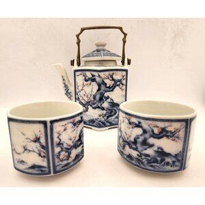 VTG Asian Dolphin China Teapot and Cups Set, Dynasty Blue & White Brass Handle